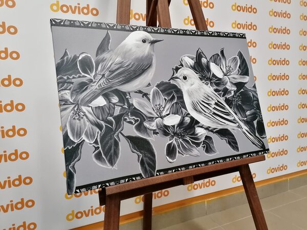 Stampa su tela – Uccellini e fiori in bianco e nero in versione vintage