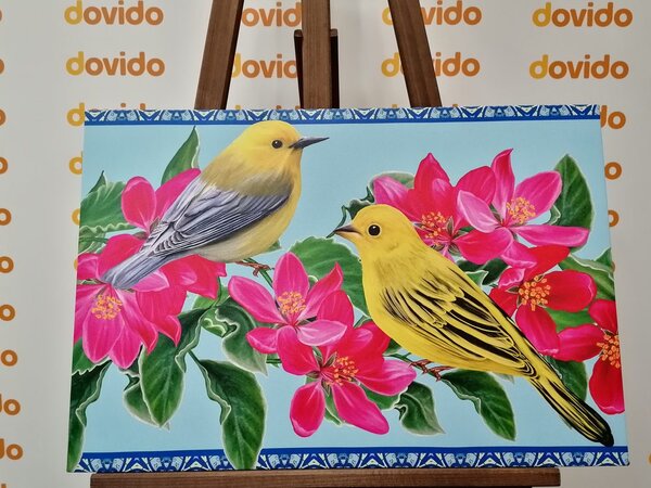 Quadro su tela – Uccellini e fiori in versione vintage