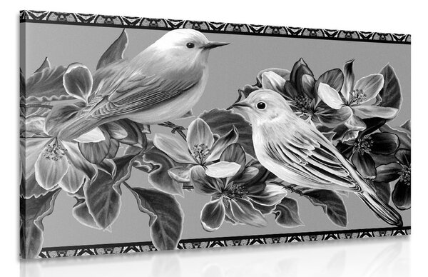 Stampa su tela – Uccellini e fiori in bianco e nero in versione vintage