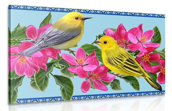 Quadro su tela – Uccellini e fiori in versione vintage