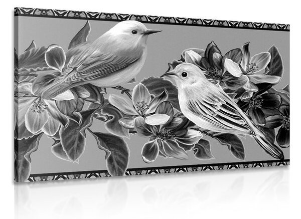 Stampa su tela – Uccellini e fiori in bianco e nero in versione vintage