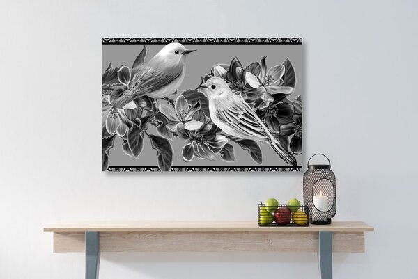 Stampa su tela – Uccellini e fiori in bianco e nero in versione vintage