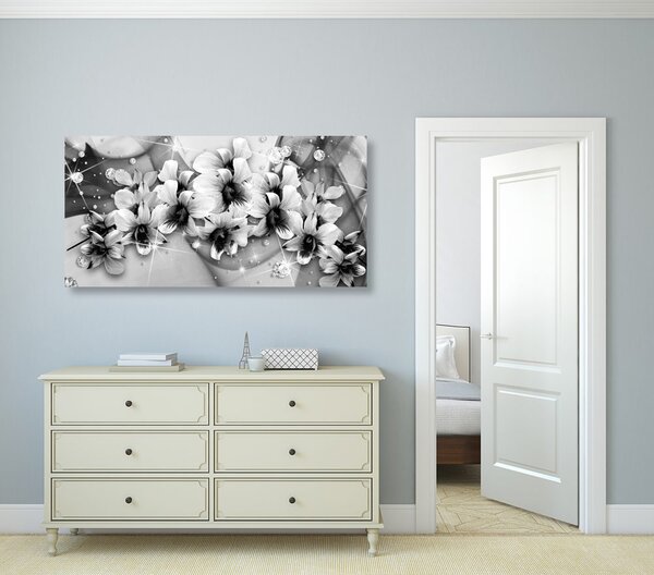 Stampa su tela – Fiori in bianco e nero su sfondo astratto