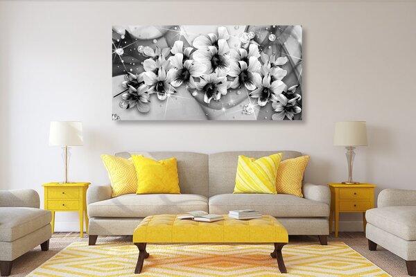 Stampa su tela – Fiori in bianco e nero su sfondo astratto