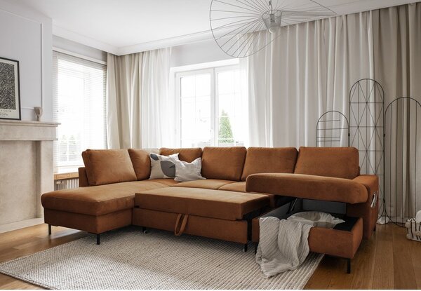 Divano letto angolare in velluto a coste arancione (angolo sinistro) Lofty Lilly - Miuform