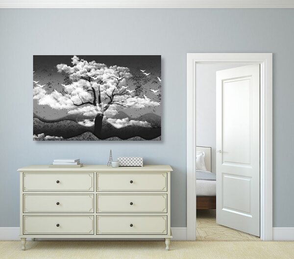 Quadro su tela – Albero in bianco e nero immerso nelle nuvole