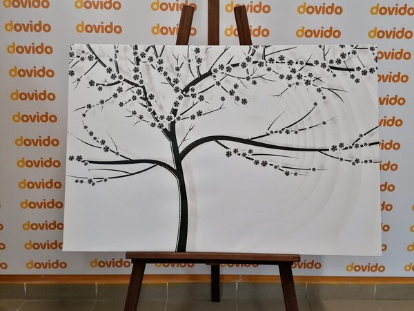 Stampa su tela – Albero moderno in bianco e nero su sfondo astratto