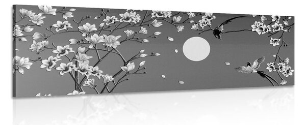 Stampa su tela – Uccellini in bianco e nero sul ramo dell'albero