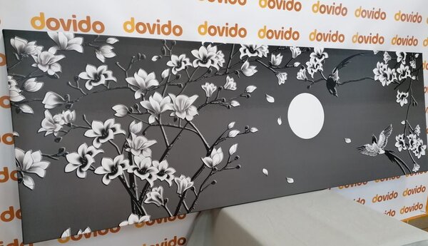 Stampa su tela – Uccellini in bianco e nero sul ramo dell'albero