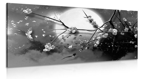 Stampa su tela – Rami dell'albero sotto la luna piena in bianco e nero