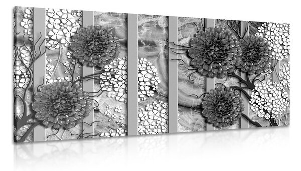 Quadro su tela – Fiori astratti su sfondo di marmo in bianco e nero