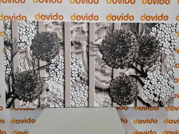 Quadro su tela – Fiori astratti su sfondo di marmo in bianco e nero
