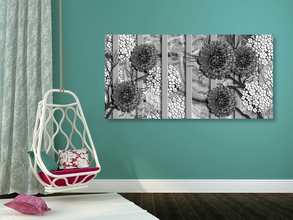 Quadro su tela – Fiori astratti su sfondo di marmo in bianco e nero
