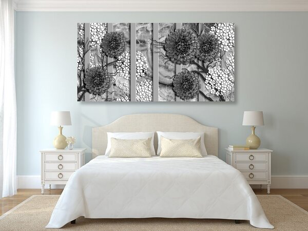 Quadro su tela – Fiori astratti su sfondo di marmo in bianco e nero