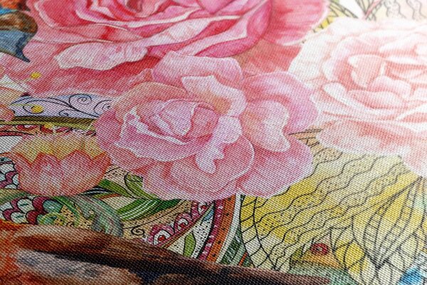 Quadro su tela – Uccellino vintage con fiori