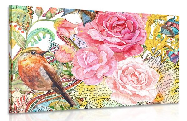 Quadro su tela – Uccellino vintage con fiori
