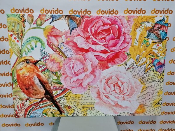 Quadro su tela – Uccellino vintage con fiori