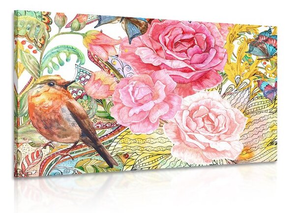 Quadro su tela – Uccellino vintage con fiori
