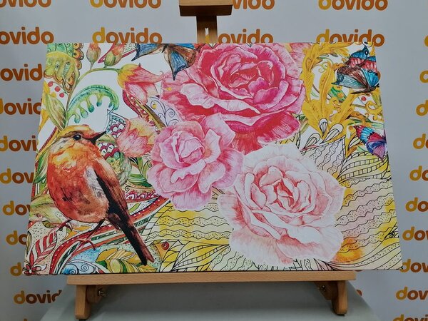 Quadro su tela – Uccellino vintage con fiori