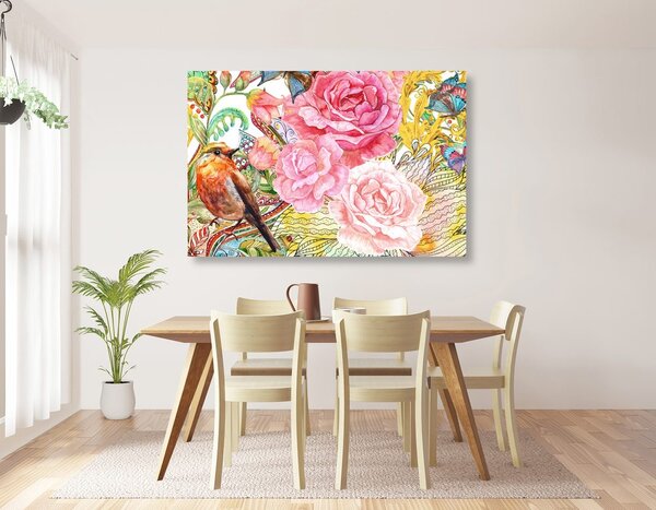 Quadro su tela – Uccellino vintage con fiori
