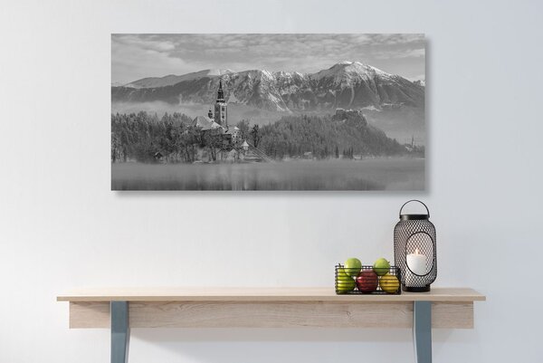 Stampa su tela – Chiesa sul lago Bled in Slovenia in bianco e nero