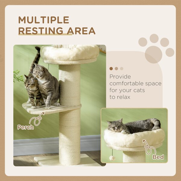 PawHut Tiragraffi per Gatti Alto 105 cm con Palo Graffiato in Sisal, Cestino, Pallina Sospesa, in Peluche, Beige | Aosom Italy