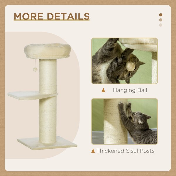 PawHut Tiragraffi per Gatti Alto 105 cm con Palo Graffiato in Sisal, Cestino, Pallina Sospesa, in Peluche, Beige | Aosom Italy