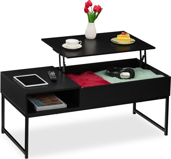 Tavolino da salotto pieghevole Relaxdays, L x P x A 45x110x50 cm, vano laterale, tavolino da salotto con vano portaoggetti, effetto legno e metallo, nero