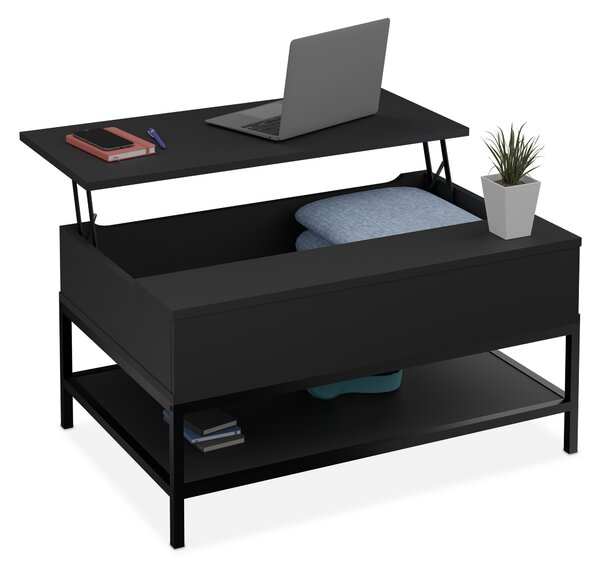 Tavolino da salotto ribaltabile Relaxdays, con ripiano, tavolino da salotto con vano portaoggetti, effetto legno, L x P x A: 45,5 x 90 x 60 cm, nero