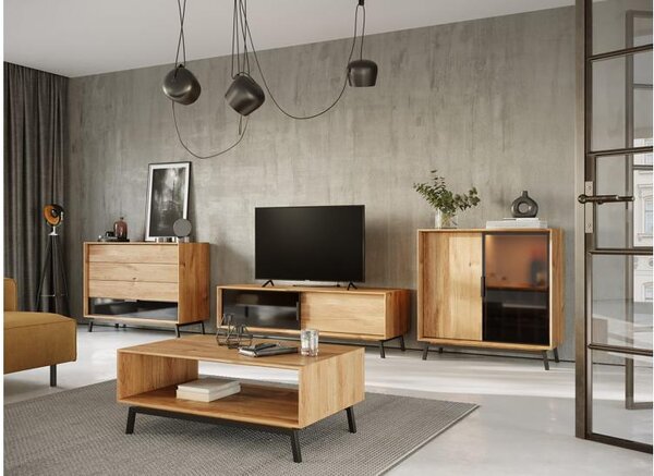 Credenza in legno massello naturale con vetro grafite con portabottiglie