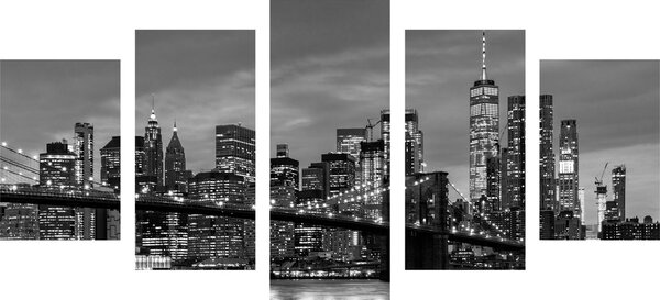 Quadri 5 pezzi – Affascinante ponte di Brooklyn in bianco e nero