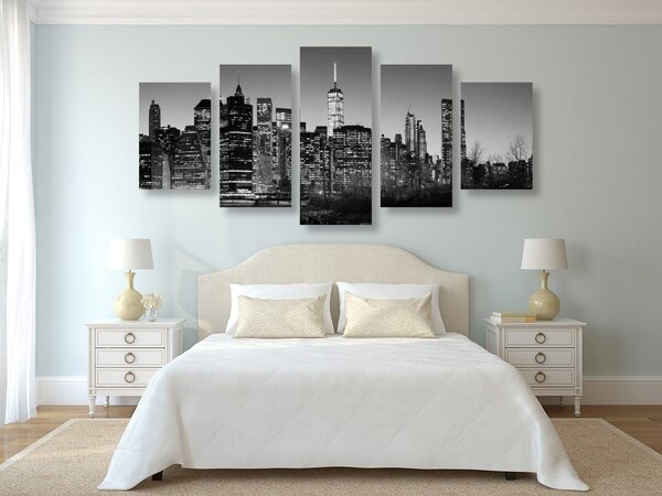 Quadri 5 pezzi – Centro di New York in bianco e nero