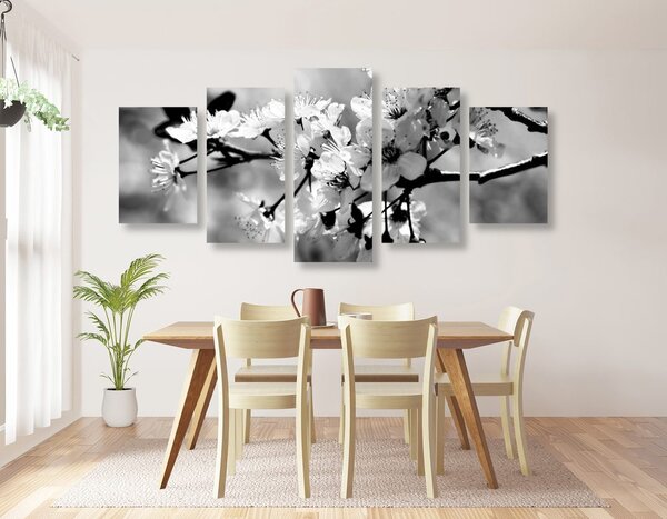 Quadri 5 pezzi – Fiore di ciliegio in bianco e nero