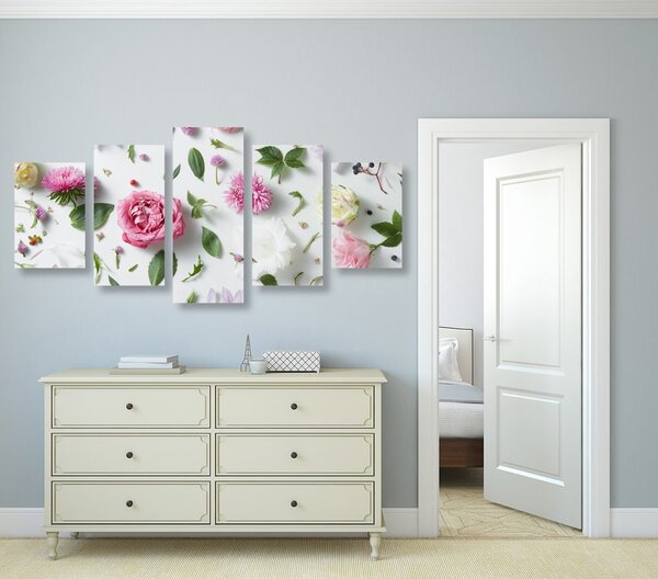 Quadri 5 pezzi – Delicata natura morta di fiori