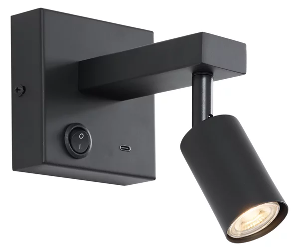 Lampada da parete nera moderna con USB-C inclinabile - Rex
