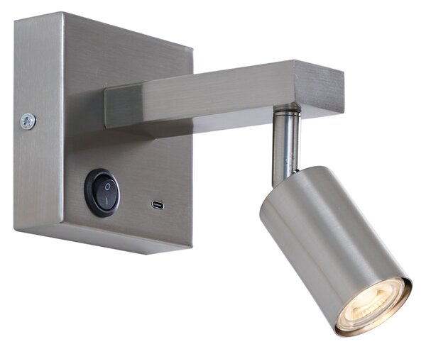 Lampada da parete moderna in acciaio con USB-C inclinabile - Rex