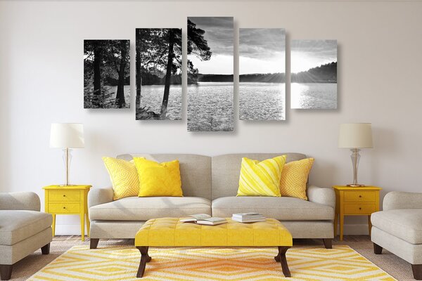 Quadri 5 pezzi – Tramonto sul lago in bianco e nero