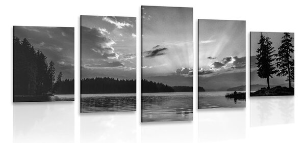 Quadri 5 pezzi – Riflesso del lago di montagna in bianco e nero