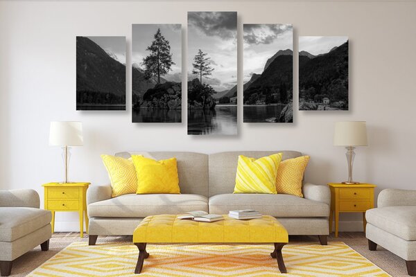 Quadri 5 pezzi – Paesaggio montano in bianco e nero al lago