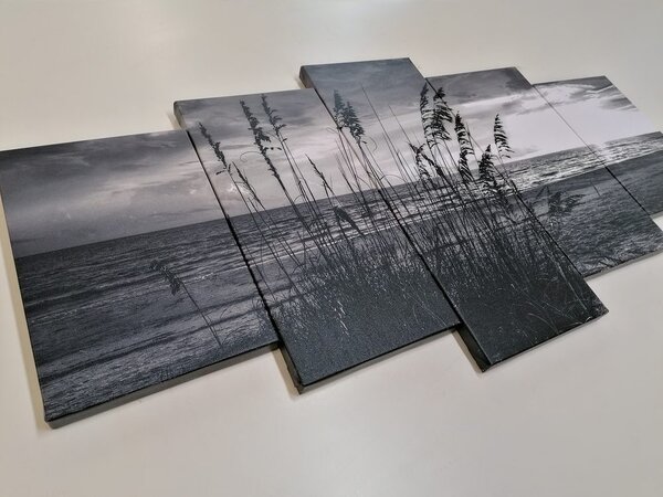 Quadri 5 pezzi – Tramonto sulla spiaggia in bianco e nero