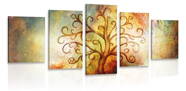 Quadri 5 pezzi – Albero della vita con astrazione cosmica