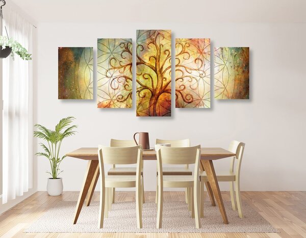 Quadri 5 pezzi – Albero con fiore della vita