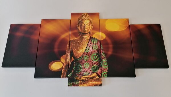 Quadri 5 pezzi – Statua di Buddha con sfondo astratto