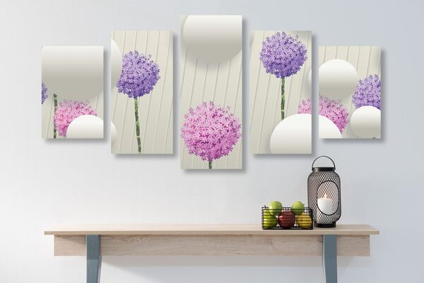 Quadri 5 pezzi – Fiori interessanti con elementi e motivi astratti