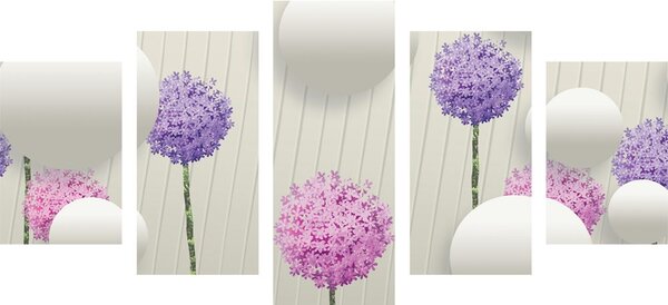 Quadri 5 pezzi – Fiori interessanti con elementi e motivi astratti