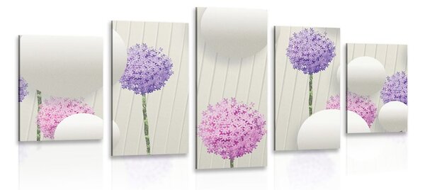 Quadri 5 pezzi – Fiori interessanti con elementi e motivi astratti