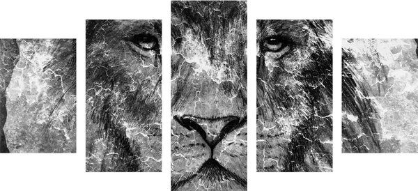 Quadri 5 pezzi – Volto di leone in bianco e nero