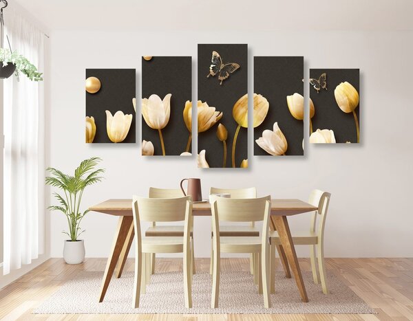 Quadri 5 pezzi – Tulipani con motivo dorato