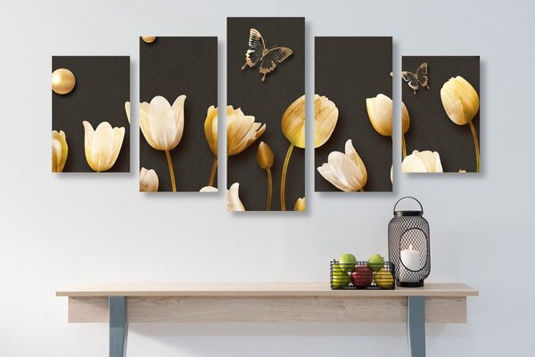 Quadri 5 pezzi – Tulipani con motivo dorato