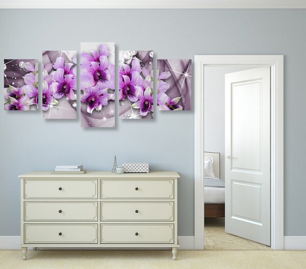 Quadri 5 pezzi – Fiori viola su sfondo astratto